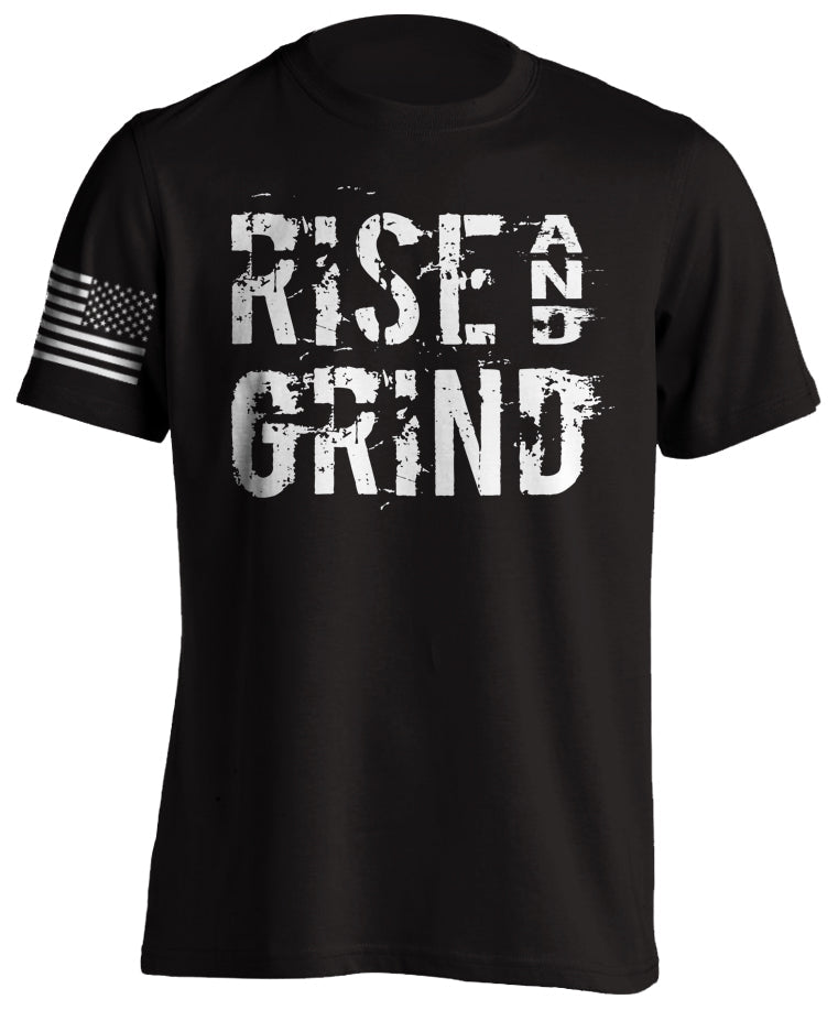 Rise and Grind Motivational Fitness Bodybuilding Training T-Shirt Men's Short Sleeve USA Flag Tactical Grind
