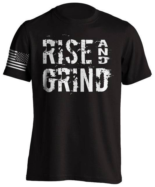 Rise and Grind Motivational Fitness Bodybuilding Training T-Shirt  Men's Short Sleeve USA Flag Tactical Grind