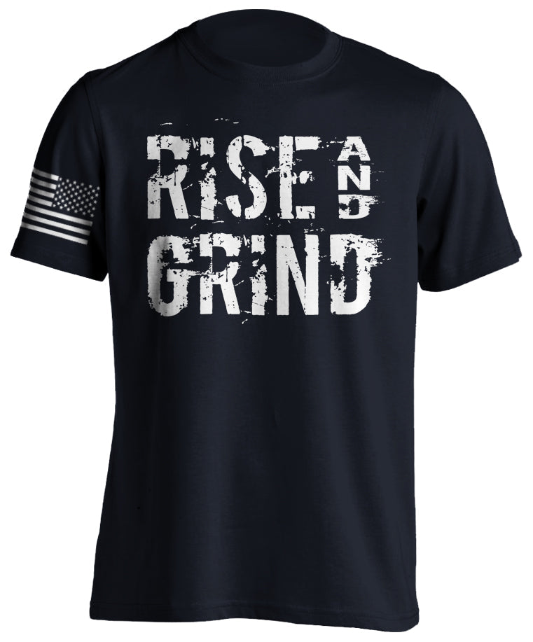 Rise and Grind Motivational Fitness Bodybuilding Training T-Shirt Men's Short Sleeve USA Flag Tactical Grind