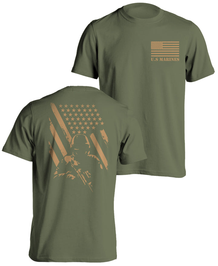 U.S Marines USMC Patriotic USA Flag T-Shirt Military Green