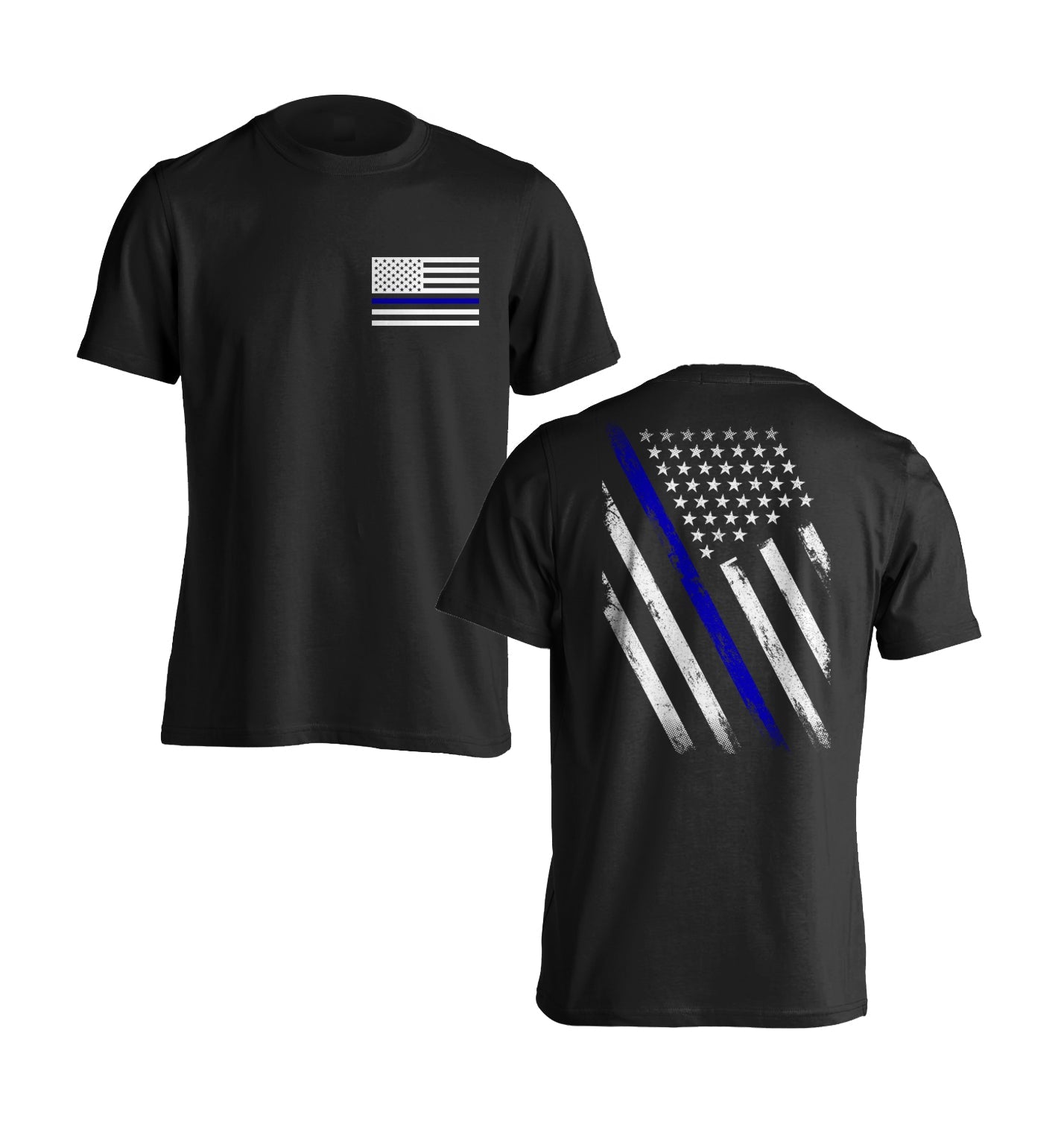 Police Officer Thin Blue Line USA Flag Patriotic T-Shirt Distressed Tactical Style Law Enforcement Front Back Print Tactical Grind